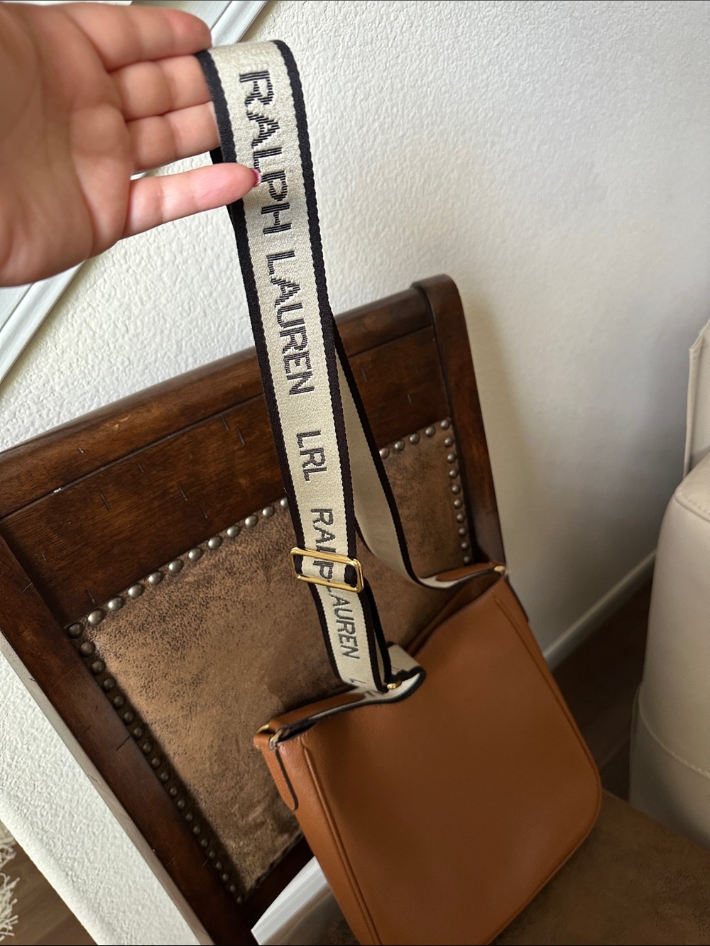Ralph Lauren Cognac Leather Crossbody with Branded Canvas Strap - Picture 6 of 14